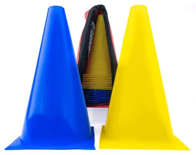 Produktbild von Vinex - 20er Pylonen-Set + Tragetasche, 23cm hoche Sport-Hütchen für Hunde- & Pferdesport, Dualgassen, Training, Markierungskegel für innen & außen, robust & transportabel, Gelb/Blau
