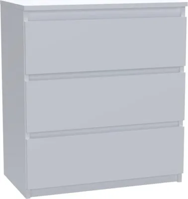 A white, three-drawer dresser is shown against a white background.