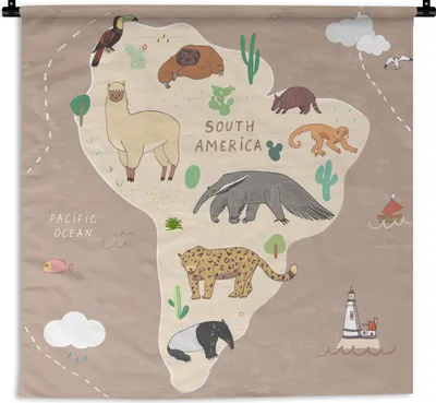 Produktbild von MuchoWow® Wandteppich Wandbehang Tiere - Weltkarte Kinder - Braun - Kinder - Jungen - Mädchen 150x150 cm Tapisserie Dekoration Wandtuch - Wohnaccessoires - Modernes