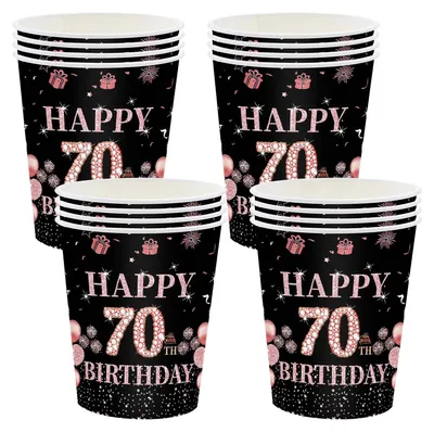 16 Papierbecher 235 ml, Schwarz-Roségold, 70. Geburtstag