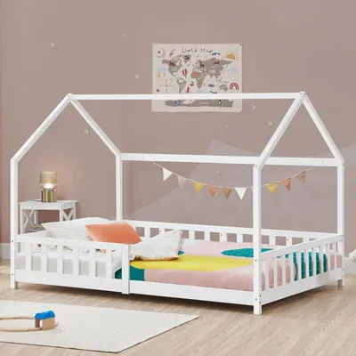 Image de Lit pour enfant 90x200 cm en bois massif - Lit cabane design avec barrière de sécurité et sommier à lattes