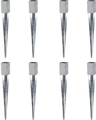 Eight metal ground sleeves for wooden posts are arranged in two rows of four on a white background.