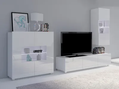 Produktbild von Wohnzimmer-Set CALABRINI-7 Wohnwand Hängewohnwand Schrankwand mit LED-Beleuchtung TV-Schrank Vitrine Kommode Moderne Anbauwand Hochglanz (Weiß)