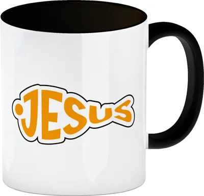 Produktbild von Jesus-Fisch Kaffeebecher in schwarz für Gläubige
