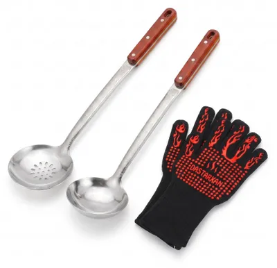 Produktbild von 3er-Set XL Suppenkelle, Schaumkelle aus Edelstahl und Grillhandschuhe, Schöpflöffel, Schaumlöffel, Gießlöffel, Soßenlöffel für Kazan bis 16 L