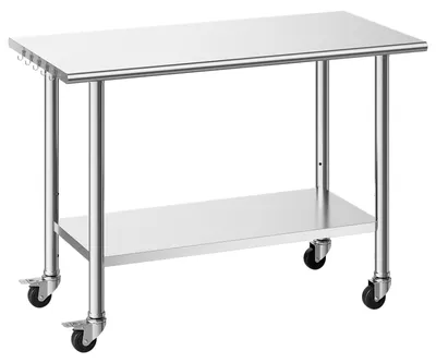 Produktbild von Edelstahltisch Gastro - Arbeitstisch mit Rollen - 122 x 61 x 86 cm - Höhenverstellbar - Mit Grundboden und Unterablage - Tragkraft 245 kg oben 204 kg unten - Für Küche Restaurant
