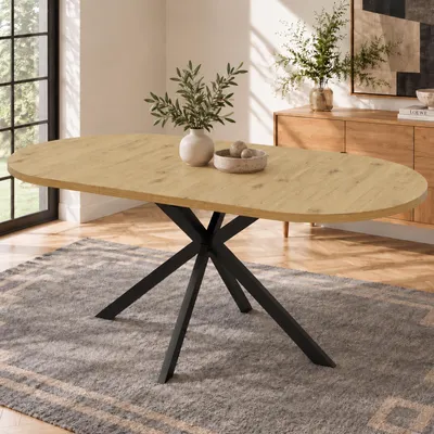 Obrázok produktu pre Rozťahovací jedálenský stôl, 160/120 x 80 cm, pre 4-6 osôb, oválny, s kovovými nohami, farba dreva