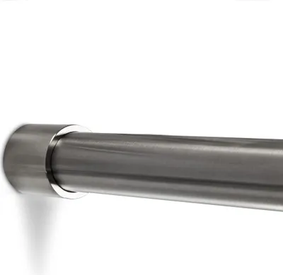 A close-up view of a metal rod with a mounting bracket, likely a closet rod or curtain rod, against a white background.