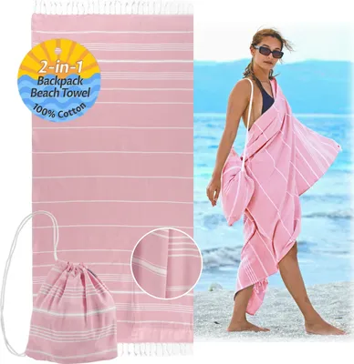 Produktbild von 2 in 1 Hamamtuch 180x90cm & Rucksack 100% Baumwolle Strandtuch Badetuch Hamam Strand Tuch  Baumwolltuch Yogatuch Reisehandtuch Altrose