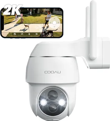 Image de COOAU Caméra de surveillance extérieure 2K batterie avec PTZ，Caméra sans fil avec vision nocturne couleur, détecteur de mouvement PIR, identification de la personne, audio 2 voies, Alexa, IP66