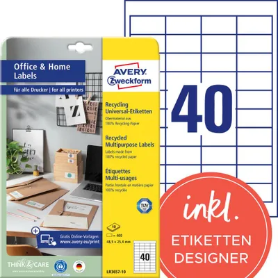 Produktbild von Avery Zweckform LR3657-10, Recycling Universal-Etiketten, A4, 48,5 x 25,4 mm, 400 Etiketten / 10 Bögen, naturweiß