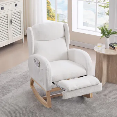 Immagine prodotto di Sweiko 049B Sedia a dondolo, poltrona per allattamento, poltrona lounge con struttura in legno, poggiapiedi regolabile, schienale alto, tessuto teddy, con borsa, comoda poltrona d'accento per camera da letto e soggiorno, bianca
