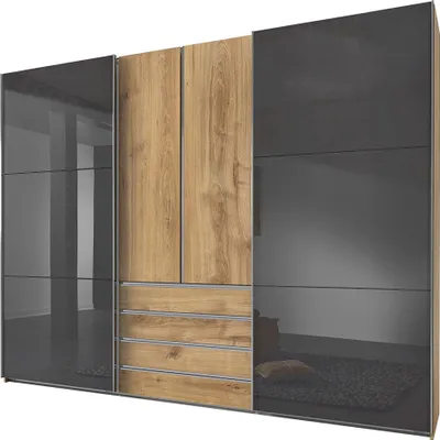 Produktbild von Kleiderschrank 300cm breit Eiche mit grau Glasfront, MIDLAND-43