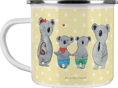 Produktbild von Mr. & Mrs. Panda Pott Koala Familie zwei - Gelb Pastell - Geschenk, Haferl, Koalabär, Blechtasse, Muttertag, Kaffeepott, Teetasse, Emaille Tasse