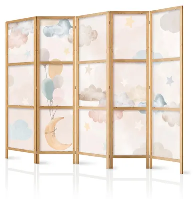 Produktbild von Muralo Japanischer PARAVENT 5-teilig Raumteiler klappbar PREMIUM-Vliesleinwand BUNTE WOLKEN UND STERNE für Kinderzimmer 225cmx172cm