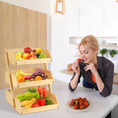 Produktbild von Obstkorb Bambus mit 3 Etagen Gemüsekorb Stehend Küche Lagerung 30x33x41cm