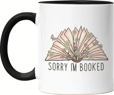 Produktbild von Sorry I'm booked Tasse Schwarz Leseratte Bücherwurm Lustiges Motiv mit Büchern Geschenkidee