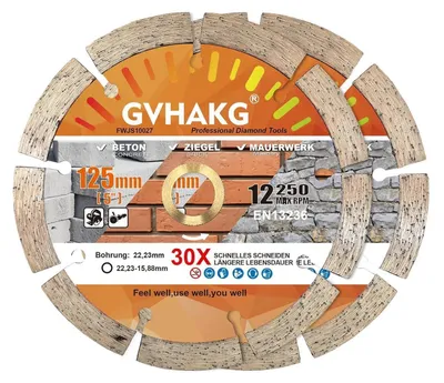 Productafbeelding van Diamantzaagschijf 125 mm, segmentering, voor beton, graniet, steen, baksteen, geschikt voor haakse slijpmachine, flex, 2 stuks