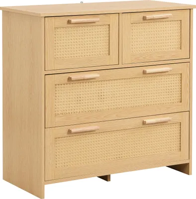 Image de Armoire en rotin haut de gamme à 4 tiroirs avec poignées en bois massif – Pour chambre à coucher, salon, salle à manger, couloir – Couleur bois naturel – L80/H80/P38 cm