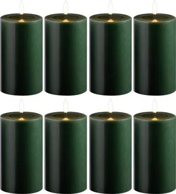Produktbild von 8 Pack kleine LED Stumpenkerze mit Timer grün - 7,5cm ø 10cm Höhe - 2 AA Batterien nötig LED Echtwachskerze mit Flackereffekt flammenlose Stumpenkerze - LED Kerze schmal Weihnachtsbeleuchtung