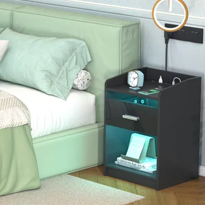 Image de Table de nuit avec éclairage LED avec 1 tiroir 58x40x35cm noir