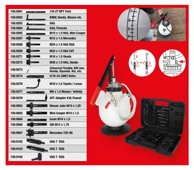 Immagine prodotto di KS TOOLS Set universale di riempimento dell'olio per ingranaggi con set di adattatori da 23 pezzi - 150.9105