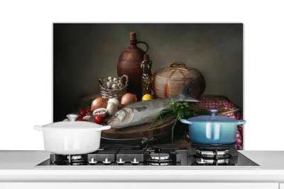 Produktbild von KitchenYeah®  Spritzschutz Küche - Küchenrückwand - Wandschutz für Herd und Spüle - Rustikal - Fisch - Stilleben - Gemüse - Kräuter 90x60 - Alu-Dibond (Alternative zum Spritzschutz aus Glas) - Hitzebe