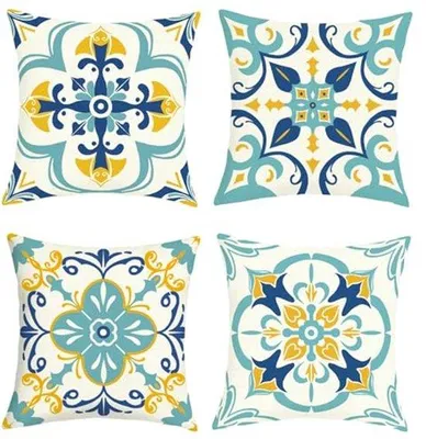 Obrázek produktu pro Ultiluxe Povlaky na polštáře - 4 kusy - Dekorativní povlaky - Polštáře 45 x 45 cm - Polyester Len - Marocký design - Modrá