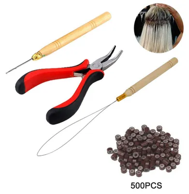 Produktbild von Mikroring Werkzeugset 4-in-1, Haarverlängerung Set mit 500 Silikonringen, Zange und Häkelnadel, Fe-Ni-Legierung