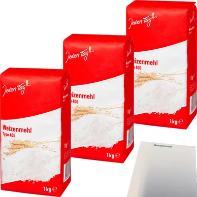 Produktbild von Jeden Tag Weizenmehl Type 405 3er Pack (3x1000g Packung) + usy Block