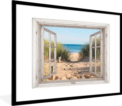 Produktbild von MuchoWow® Gerahmtes Poster Durchblick - Strand - Meer - Dünen - Sand - Wasser - Hochgras 80x60 cm - Poster mit Schwarzem Bilderrahmen Wandposter Rahmen Foto Bilder - Schlafzimmer-Dekorationen - Fotoposter