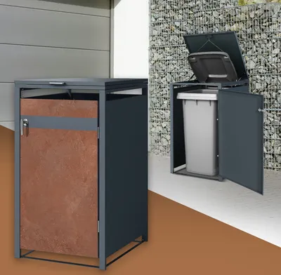 Two modern trash can enclosures are shown outdoors, one with a stone wall background and the other against a building.
