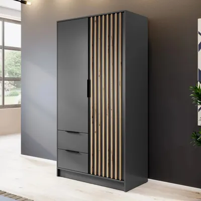 Produktbild von Kleiderschrank Stilo Graphit Grau mit Lamellen – 105 cm, 2 Türen, 2 Schubladen, Loft Design