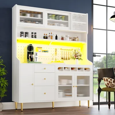 Produktbild von Hochschränke fürs Wohnzimmer, Küchenschrank,Esszimmerschrank,Wohnzimmer-Schrank mit verstellbaren Einlegeböden, Schränke mit LED-Beleuchtung, Schublade mit Weinregal,145×39×171cm, Weiß