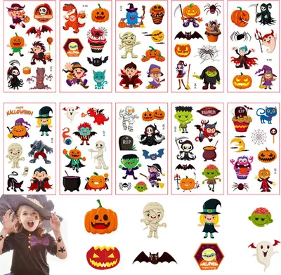 Obrázek produktu pro 10 listů dočasných halloweenských tetování pro děti – dýně, čarodějnice, duch, pavučina, netopýr, halloweenské samolepky