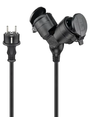 Zdjęcie produktu dla Goobay 65434, podwójny przedłużacz/kabel zasilający do użytku zewnętrznego - 2 gniazda Schuko z zabezpieczeniami (IP44)