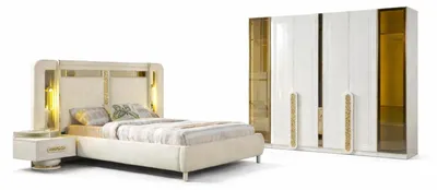 Produktbild von Schlafzimmer Set Modern Weiß Goldeinsätze Designer-Set Minimalismus