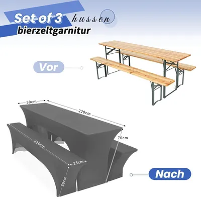 Obrázok produktu pre Sada 3 poťahov na stoly a lavice, tmavosivá farba, rozmer 220 x 50 x 70 cm. Elastické poťahy vhodné na stoly a lavice