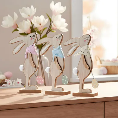 Produktbild von 3er Set Deko-Aufsteller H25cm Hase Gelb Rosa Grün Osterhase Ei Tischdeko Ostern