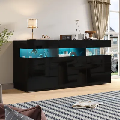 Produktbild von MODFU Sideboard mit LED-Vitrine,140cm Breiter,Hochglanz-Beistellschrank,Wohnzimmerschrank mit 3 Türen und 7 Ablagefächern,Schwarz