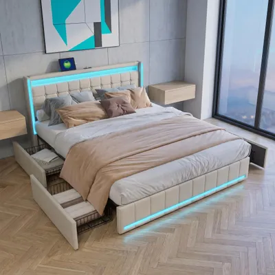 Immagine prodotto di Letto imbottito INONEFT 140x200 cm con 4 cassetti, letto per ragazzi/coppie con USB/Tipo-C e LED, letto contenitore in legno massello con rete a doghe, tessuto in lino, color beige