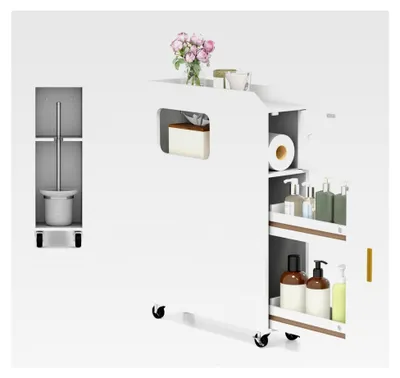 Produktbild von Nischenregal 16 cm breit, schmaler Badezimmerschrank auf Rollen, Beistellschrank mit Schublade, Nischenschrank für Badezimmer und Wäscheraum, platzsparender Rollwagen 50 x 16 x 69 cm (Weiß)