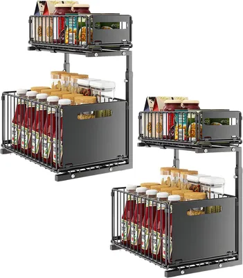 Produktbild von Ausziehbarer Schrank-Organizer 2 Etagen – Unterspüle Küchenregal, Verstellbar, 2er Set, Schwarz
