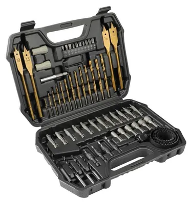 Produktbild von 62-teiliges Holzbohrer Set mit HSS Spiralbohrern, Flachbohrern, Dreispitzbohrern und Bithalter in Kunststoffbox