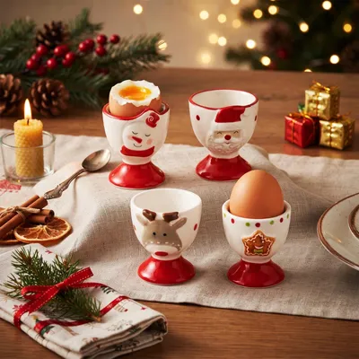 Eierbecher-Set, 4 Stück, Porzellan, Weihnachtsfiguren, 6-7 cm
