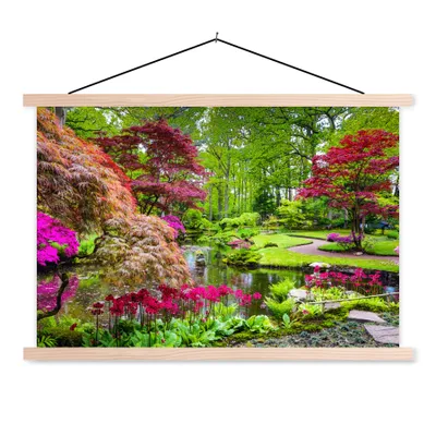 Produktbild von MuchoWow® Textilposter Bäume - Blumen - Japanisch - Natur - Wasser 120x80 cm mit holzfarbenen Rahmen - Aufhängeset