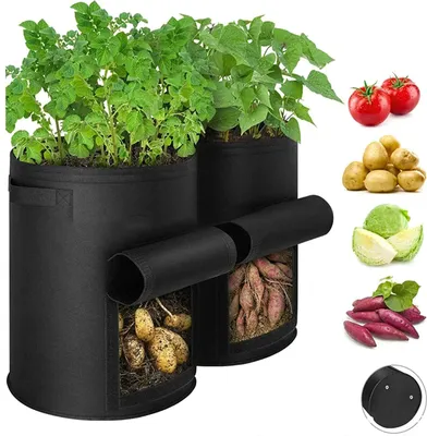 Produktbild von 2 Stück Pflanzen Tasche, Kartoffel Pflanzsack 7 Gallonen mit Griffen und Sichtfenster, AtmungsaktivBeutel Gemüse Grow Bag Pflanztasche für Karotten/Zwiebeln/Gemüse (Schwarz)