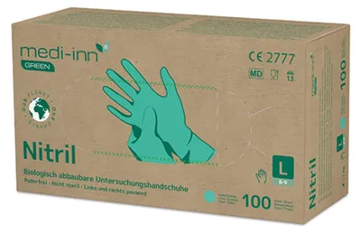 Produktbild von "Medi-Inn GREEN" Handschuhe, Nitril puderfrei grün Größe: L biologisch abbaubar