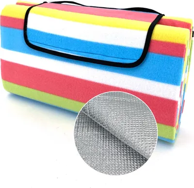 Produktbild von heimtexland XL Picknickdecke wasserdicht Outdoor Strandmatte Isomatte waschbar Campingdecke faltbar mit Tragegriff Festival Zelten Picknick Strand Decke Typ549 Streifen Bunt 200x200 cm