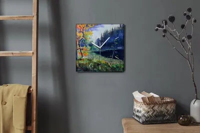 Produktbild von Coloray Hodiny Unikátní 30x30 cm Tiché hodiny Pro obývací pokoj a kuchyň Nástěnné hodiny Plátno Bílé ručičky hodin - Jezerní stromy
